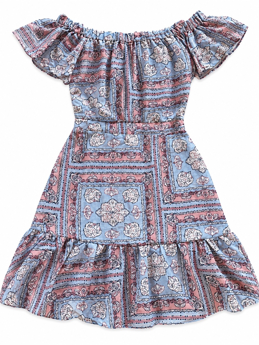 Off-Shoulder Mini Dress in Blue and Pink Floral Bandana Print